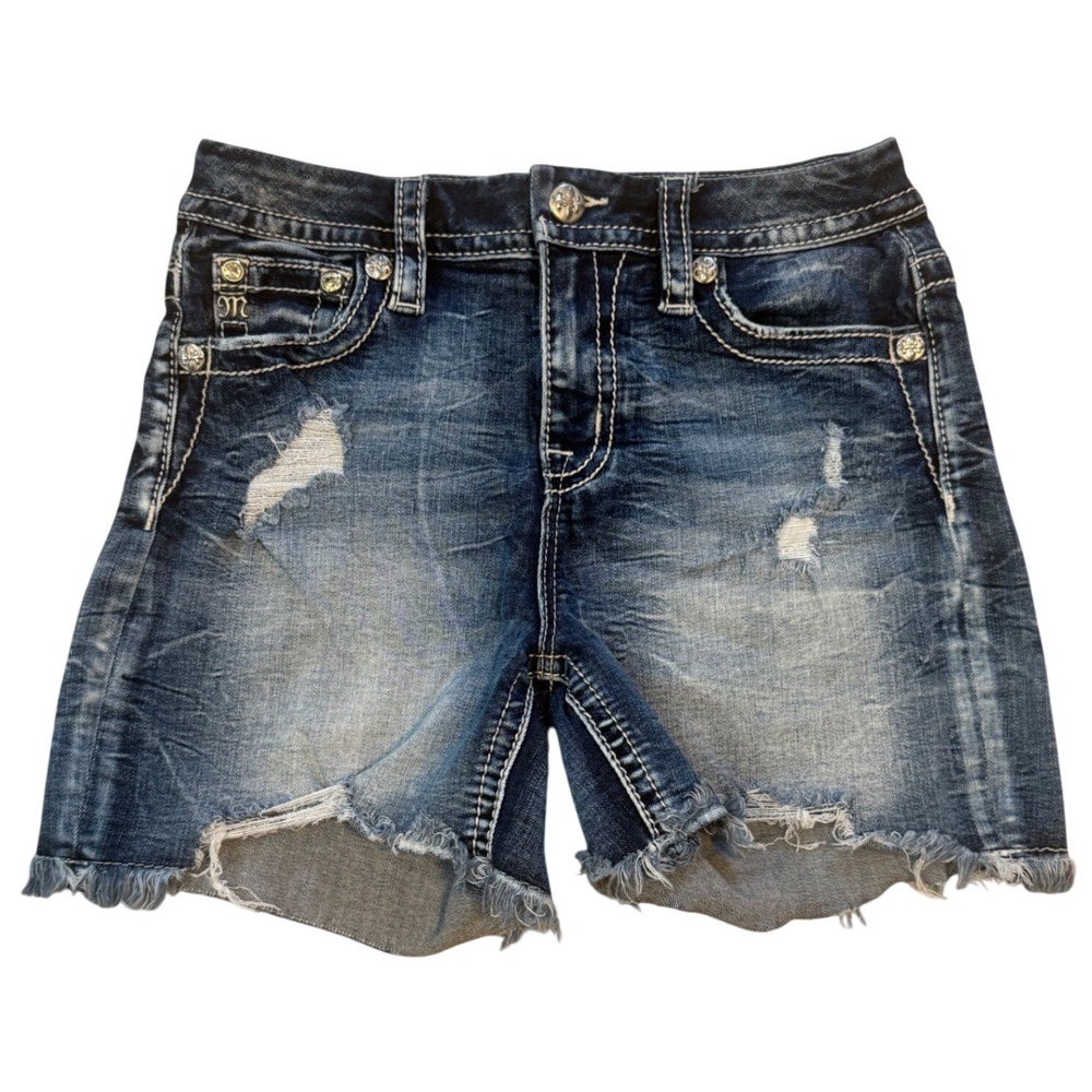 Miss Me Womens Blue Distressed Denim Cut Off Shorts Rhinestone Thick Stitch 27